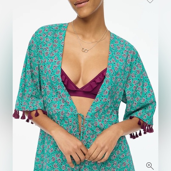 J Crew Cover Up Tie Front Turquoise Purple Floral Print Organic Cotton Tassel SM - Picture 2 of 6